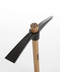 Beefy Heavy Duty Pickaxe With Beech Wood Handle For Demolition And Construction, Forged Carbon Steel Head displayed upright