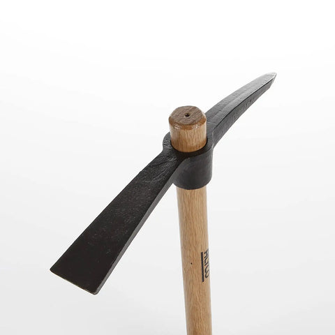 Beefy Heavy Duty Pickaxe With Beech Wood Handle For Demolition And Construction, Forged Carbon Steel Head displayed upright