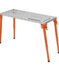 Heavy Duty Folding Welding Table With Adjustable Height And 1000 Lb Capacity Shop Grade Steel Workbench with orange legs and caster wheels.