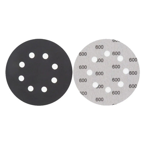 Ultra Tough 200Pcs 5 Inch Sanding Discs Hook And Loop With 8 Holes For Orbital Sander Grinders, black and gray silicon carbide discs.