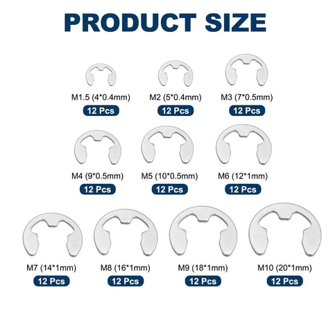 Product sizes for 120 Pcs E-Clip External Retaining Rings Kit With 304 Stainless Steel Circlip Snap Rings Set For Valves, Electrical Appliances, Cars