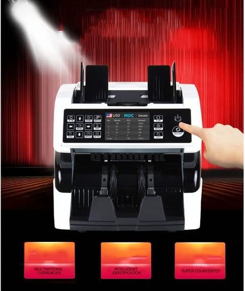 Heavy Duty Electronic Money Detector And Bill Counter That Cracks Multi Currency Cash Like A Boss With Built In Anti Fake Sensors For Main Street Shops Or Home Offices Ready To Run Smooth All Day Long, close-up view of control panel.