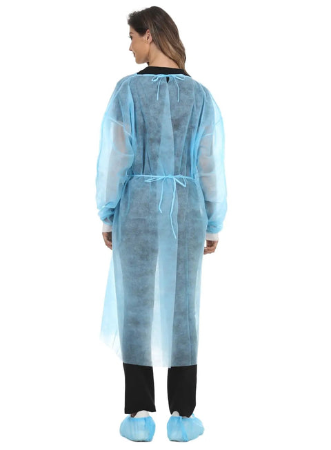 Rear view of person wearing Disposable Isolation Gown Polypropylene Lab Gown With Knit Cuff Long Sleeve Lightweight Yet Durable