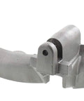 Beast Mode One Piece Pipe Threader And Heavy Duty Cutter With Complete Oil Setup and Smooth Rolling Transport Cart Built Damn Tough To Thread Half To Two Inch Pipe Daily viewed from the side, showcasing its steel construction and pipe openings.