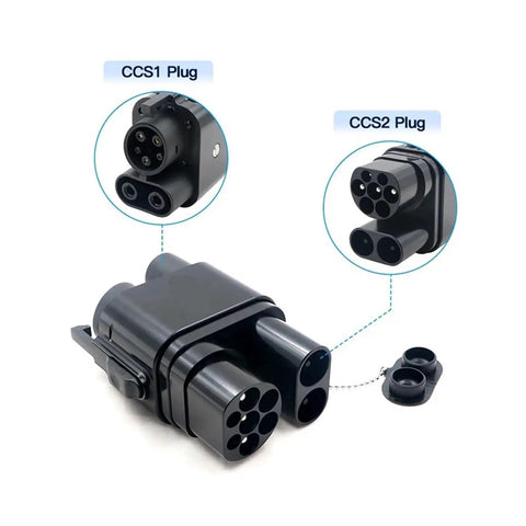 Heavy Duty EV Charging Adapter CCS2 To CCS1 Connector DC 250KW Fast Charger 1000V showing CCS1 and CCS2 plugs, sleek black design.