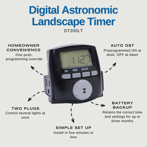 Digital Astronomic Landscape Timer With Precision Lighting Control for outdoor and indoor use, featuring programming buttons and display