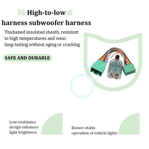 High-to-low harness subwoofer harness with insulated sheath, part of Car Audio Amplifier Adapter Interface For Radio System With High And Low RCA Converter Durable ABS Automotive Accessory Compatible With Sierra Silverado Yukon Easy Install Crisp Loud Sound Built To Take Vibration And Daily Use No Brainer Setup