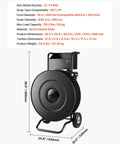 Road Ready Banding Strapping Cart For Pet And Polypropylene Coils Handles Eight Or Sixteen Inch Cores showing dimensions and black steel design.