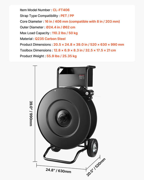 Road Ready Banding Strapping Cart For Pet And Polypropylene Coils Handles Eight Or Sixteen Inch Cores showing dimensions and black steel design.