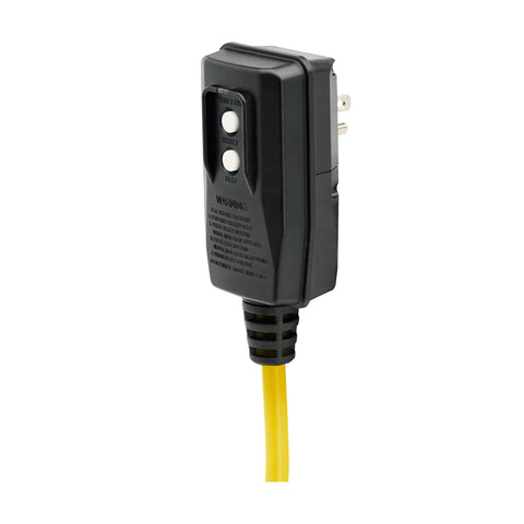 Close-up of GFCI plug on Heavy Duty Power Strip With 6 Outlets, 9 Foot Cord, Yellow Metal Housing for Industrial Garage