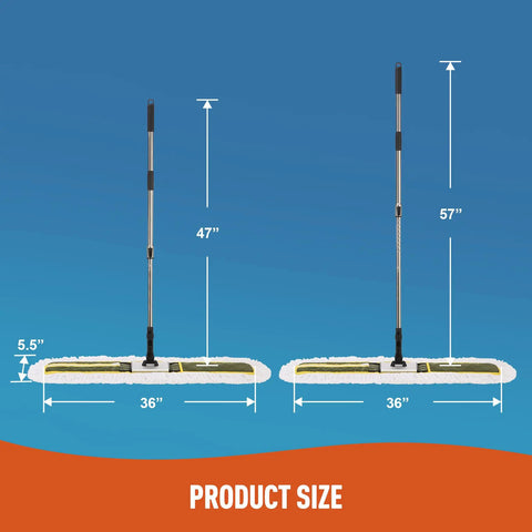 Built Tough 36 Inch Commercial Dust Mop With Telescoping Handle For Hardwood Floors Tile Laminate And Concrete showing mop size and adjustable height.