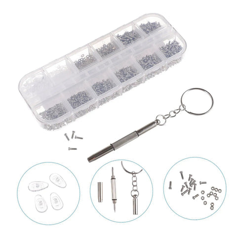 All In One 1100Pcs Stainless Steel Eyeglass Screw Kit with compact case, keychain tool, multiple screws and nuts visible