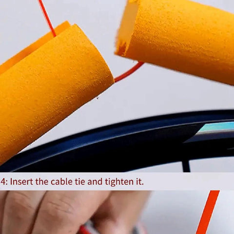 Installing orange tubeless tire inserts for 700c, 27.5 and 29 road bikes, air insert liner foam for rim protection.