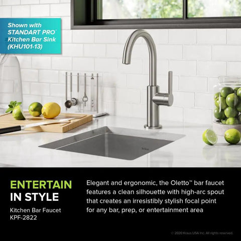 Oletto Single Handle Kitchen Bar Faucet in Spot Free Stainless Steel, 12 Inch Height, shown in modern kitchen setup