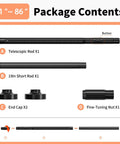 Heavy Duty Tension Curtain Rod 41 To 86 Inches No Drilling Easy Install For Windows Bathrooms Patios Black 1.26 Inch Diameter Never Rust Tool Free Quick Lock Adjusts Tension package contents showing rods, end caps, and tuning nut