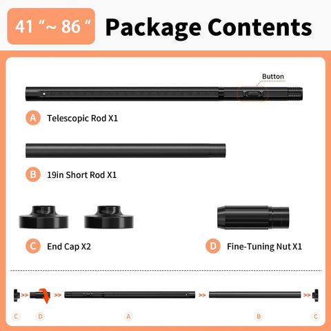 Heavy Duty Tension Curtain Rod 41 To 86 Inches No Drilling Easy Install For Windows Bathrooms Patios Black 1.26 Inch Diameter Never Rust Tool Free Quick Lock Adjusts Tension package contents showing rods, end caps, and tuning nut