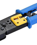 Pro Grade Ethernet Crimp Tool For Pass Through And Standard Ends Heavy Duty Crimper with blue handles