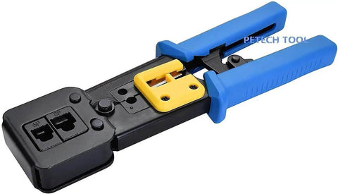 Pro Grade Ethernet Crimp Tool For Pass Through And Standard Ends Heavy Duty Crimper with blue handles