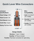 Twenty Pack Mini Lever Wire Connectors For Dead Simple Diy Splicing With Snug Grab Copper Clips, showing specs and compatibility.