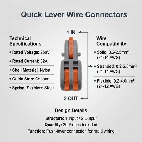 Twenty Pack Mini Lever Wire Connectors For Dead Simple Diy Splicing With Snug Grab Copper Clips, showing specs and compatibility.