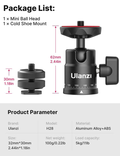 Mini Ball Head H28 Panoramic Tripod Head With Dual Hot Shoe Mount product image showing size, weight, and materials.
