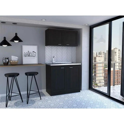 Modern Two Piece Storage Cabinet Rustic Style Cupboard Crafted From Heavy Duty Engineered Wood For Kitchen Hallway Or Closet Organization Keeps Your Gear Tidy Super Slick Black Finish in stylish home kitchen setting.