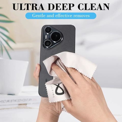 Microfiber cleaning cloth for electronics, white INFICRIME, used to wipe smartphone back camera lens