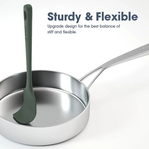Top Shelf Silicone Spatula Set Five Piece Kit Heat Resistant Up To Six Hundred Degrees Seamless Handle Kitchen Cooking Tools Easy Wash Nonstick Baking Essential Gear in a stainless steel pan.