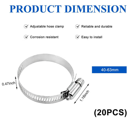 Kaugeow Stainless Steel Hose Clamps 20 Piece Assortment Kit Ranging From One Point Five Inch To Two Point Five Inch Worm Gear Tubing Replacement Fit For Plumbing Auto And Mechanical Jobs Leak Proof And Durable, 40-63mm clamp