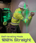 Worker using 3D Laser Level Self Leveling 360 Degree Green Beam Cross Line for construction and picture hanging on a wall.
