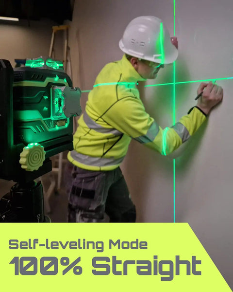 Worker using 3D Laser Level Self Leveling 360 Degree Green Beam Cross Line for construction and picture hanging on a wall.