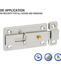 304 Stainless Steel Hasp Gate Lock Door Window Sliding Latch Handle, silver latch with a sliding bolt and gold knob.