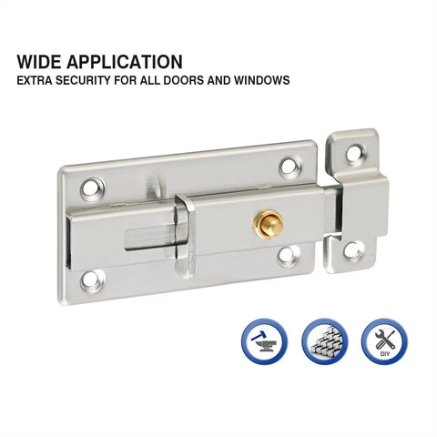 304 Stainless Steel Hasp Gate Lock Door Window Sliding Latch Handle, silver latch with a sliding bolt and gold knob.