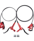Cyclon MTB hydraulic disc brake set in red aluminum with two levers, hoses and mounting screws (front view)