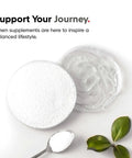 Open container of powdered supplement next to spoon and leaves, with text "Support Your Journey"