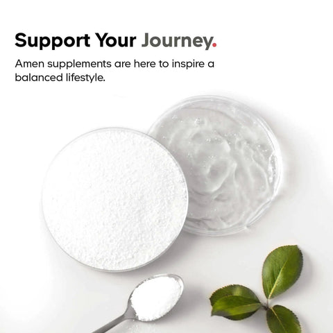 Open container of powdered supplement next to spoon and leaves, with text "Support Your Journey"