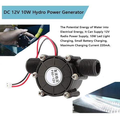 Micro Hydroturbine Water Turbine Generator for DC 12V Power, Compact hydroelectric generator with cables, black casing.