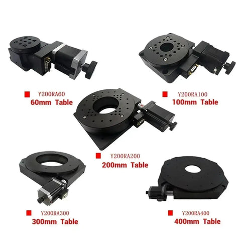 Heavy Duty Hollow Rotary Table Motor Drive Platform With Bulletproof Indexing Gearbox Reducer Kit showcasing various table sizes including 60mm, 100mm, 200mm, 300mm, and 400mm.