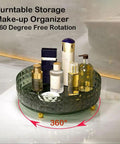 9 Inch Lazy Susan Turntable One Tier Spinning Organizer For Kitchen And Pantry Grab And Go Convenience Cabinet Refrigerator 360 Degree Rotating Spice Rack Dark Green Non Slip Surface Keeps Spices Easy Reach And Neatly Organized In Any Cabinet showcasing dark green turntable with toiletry bottles
