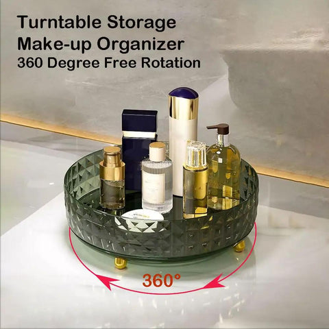 9 Inch Lazy Susan Turntable One Tier Spinning Organizer For Kitchen And Pantry Grab And Go Convenience Cabinet Refrigerator 360 Degree Rotating Spice Rack Dark Green Non Slip Surface Keeps Spices Easy Reach And Neatly Organized In Any Cabinet showcasing dark green turntable with toiletry bottles