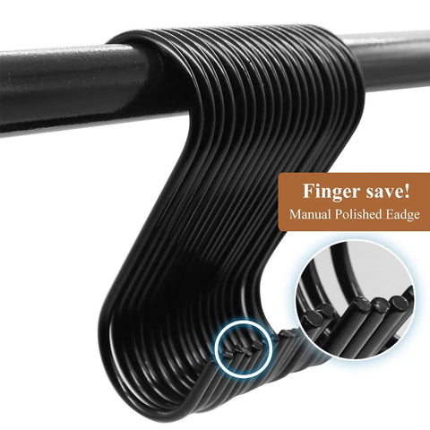 Close-up of black steel heavy duty 3.7 inch S hooks for hanging jeans pans pots bags towels and plants; fits closet rods under 1 inch diameter.