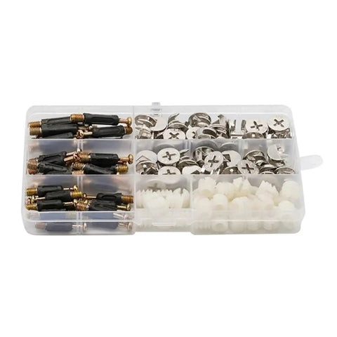 No Sweat Cam Lock Fasteners With Nuts And Screws For Easy Furniture Assembly Heavy Duty Alloy Steel set in organizer box.