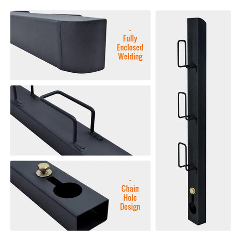 Beefy Heavy Duty Universal Anti Roll Bar for Clamp On Pallet Forks, rugged design with enclosed welding and chain hole feature.