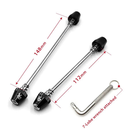 Anti Theft Bike Locking Skewer Set With 7 Lobe Key And Fixed Spring Axle For Urban Commuters, shown with 112mm and 148mm skewers.