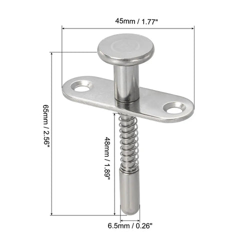 Professional Grade Rock Solid Spring Loaded Plunger Latches 8 Pack Stainless Steel Quick Release Cabinet Door Locks With M4 Mounting Screws For Diy Crew Workshop Builds Silver shown with dimensions.