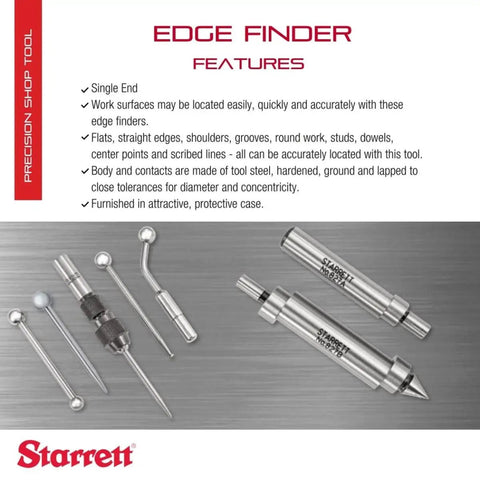 Edge Finder For Precise Edges And Center Lines In Metalworking, Fast And Easy Locating Of Flat Edges And Scribed Lines,.200 Inch Contact Diameter,.375 Inch Body Diameter, Single End With Protective Case, 827A displayed with features description