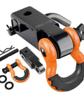 2 Inch Tow Hitch Receiver With Three Quarter D Ring Shackle And Five Eighth Screw Pin Heavy Duty 45000 Lbs Break Strength Off Road Towing Accessory Orange And Black For Vehicle Trailer Recovery, showing assembled components with orange shackle and accessories