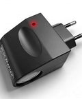 No Brainer Ac To Dc Converter With 12 Volt Cigarette Lighter Socket Adapter showing black design, input plug and red indicator light.