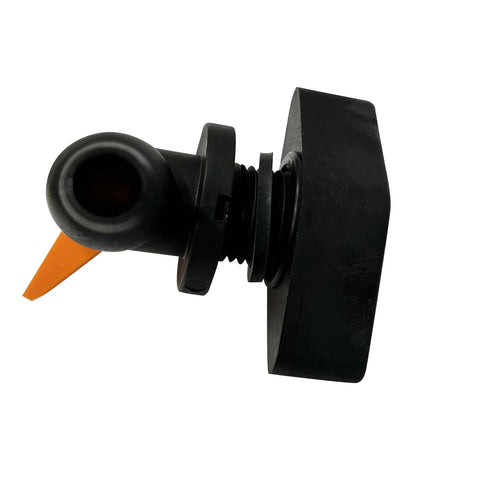 Side view of DEF CCX1000V cartridge filter manual air relief valve; black plastic body with orange vent tip