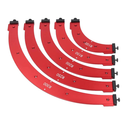 Professional Grade Aluminum Alloy Router Radius Template Kit R100 To R300 Precision Corner Jig Set with curved red templates.